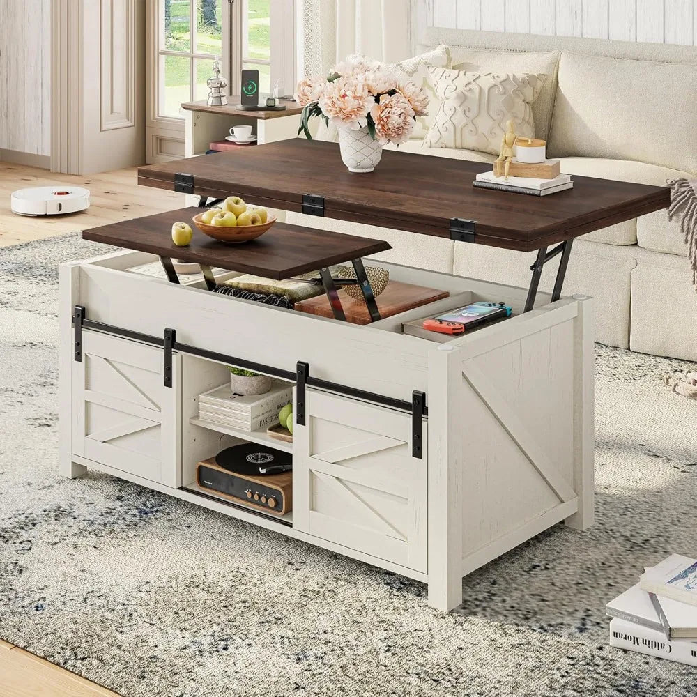 Lift Top Farmhouse Coffee Table with Adjustable Shelves