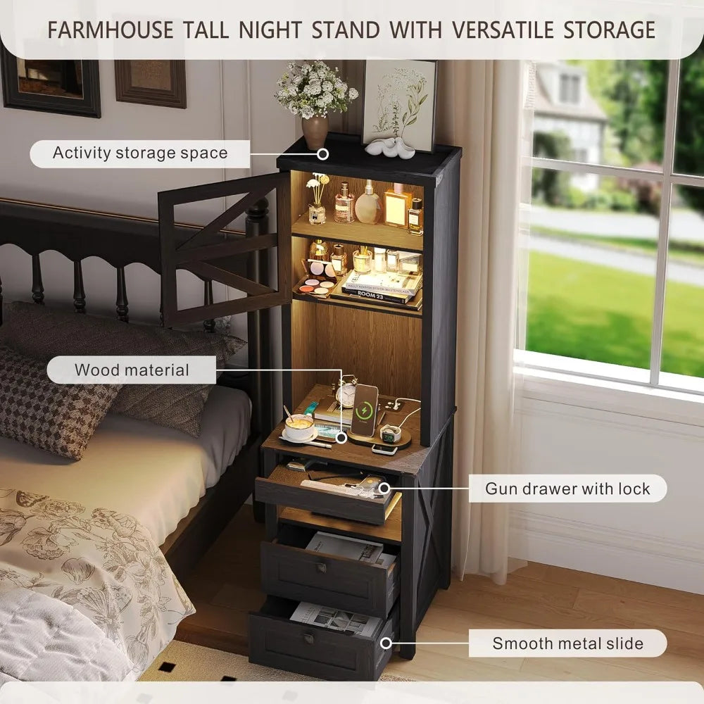 Farmhouse Night Stand with Charging Station & LED Lights