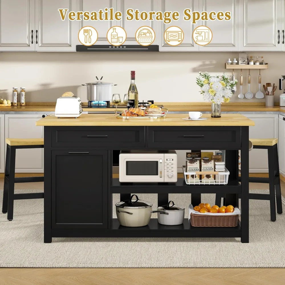 Kitchen Island Includes 2 Bar Stools, Trash Storage & Power Outlet