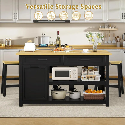 Kitchen Island Includes 2 Bar Stools, Trash Storage & Power Outlet