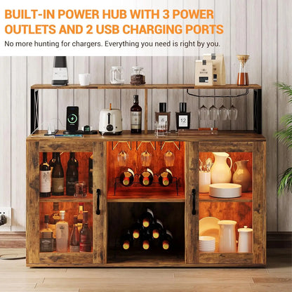 Farmhouse Wine Bar Cabinet with LED Light &Power Outlets