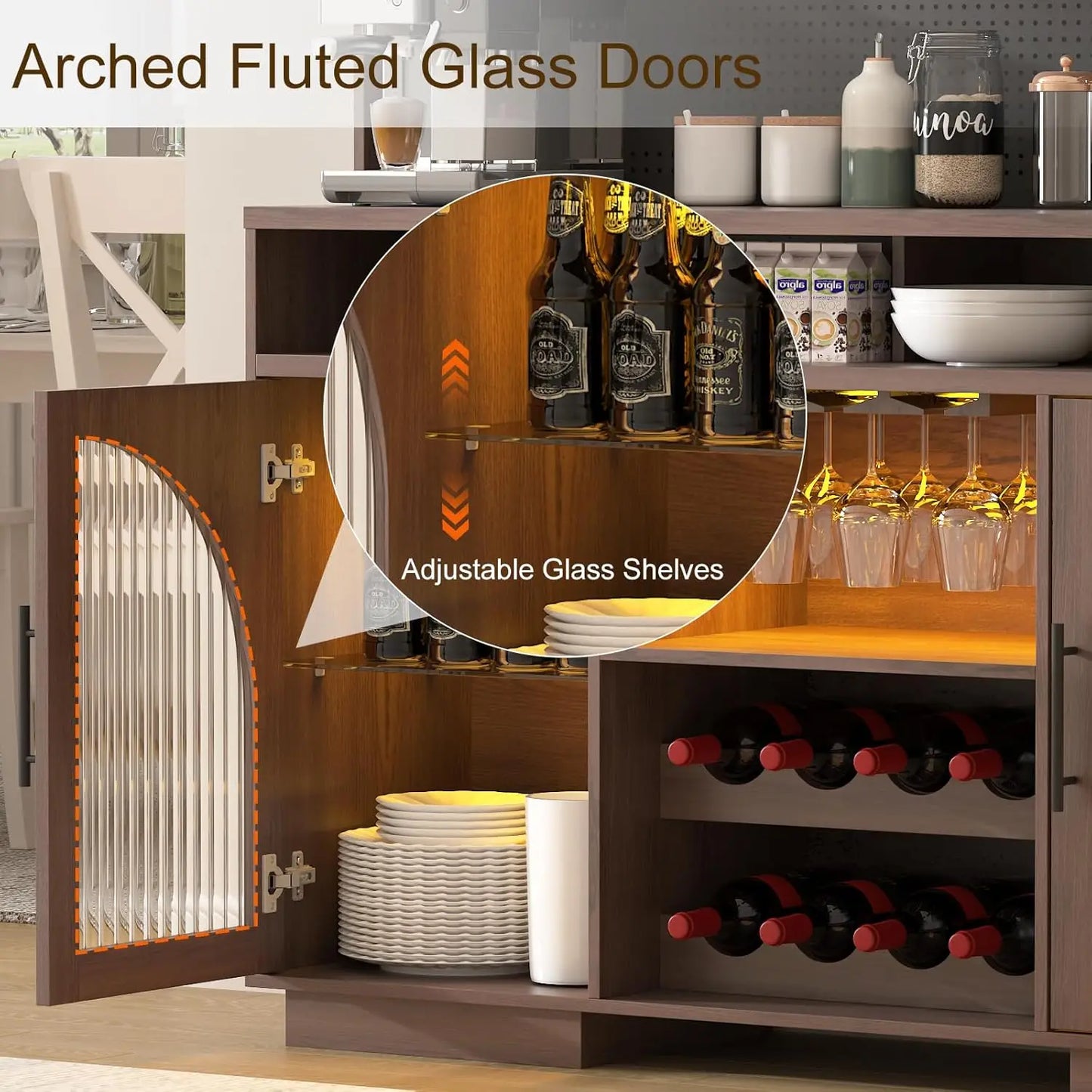 71" Tall, Kitchen Hutch Cabinet with Charging Station & LED