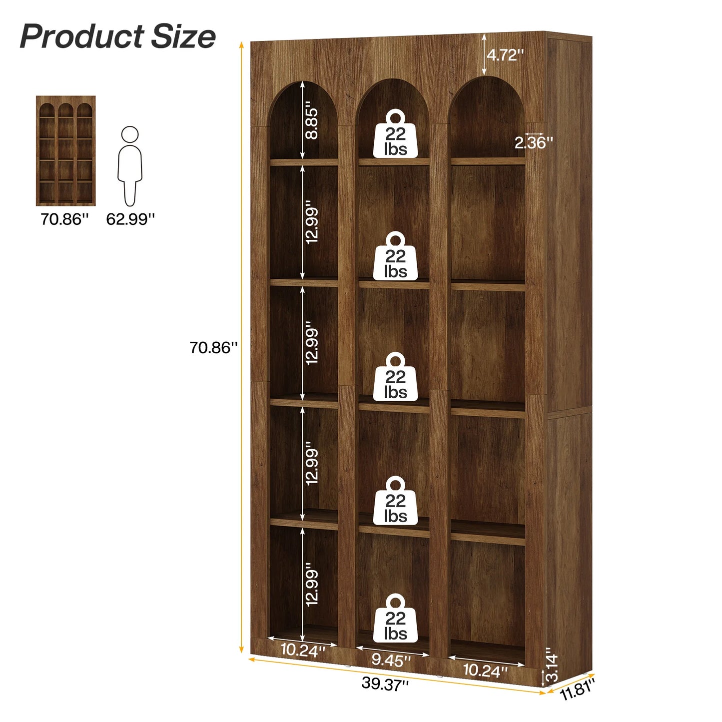 70.87" Tall, Arched Display Bookcase with Open Storage
