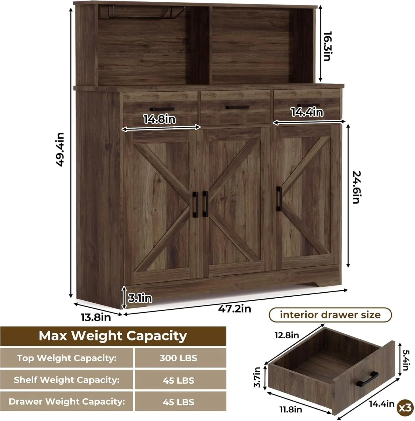 Farmhouse Buffet Cabinet or Coffee Bar Pantry for Kitchen & Dining Room