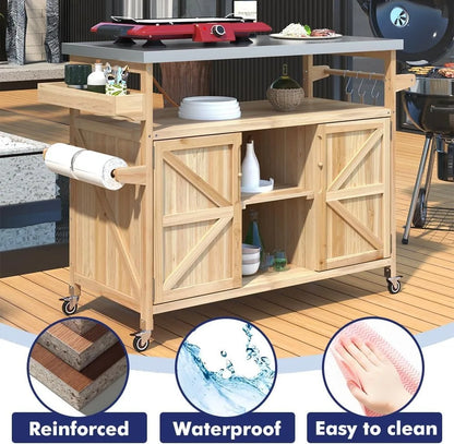 Outdoor Rolling Kitchen Island on Wheels with Storage Cabinet