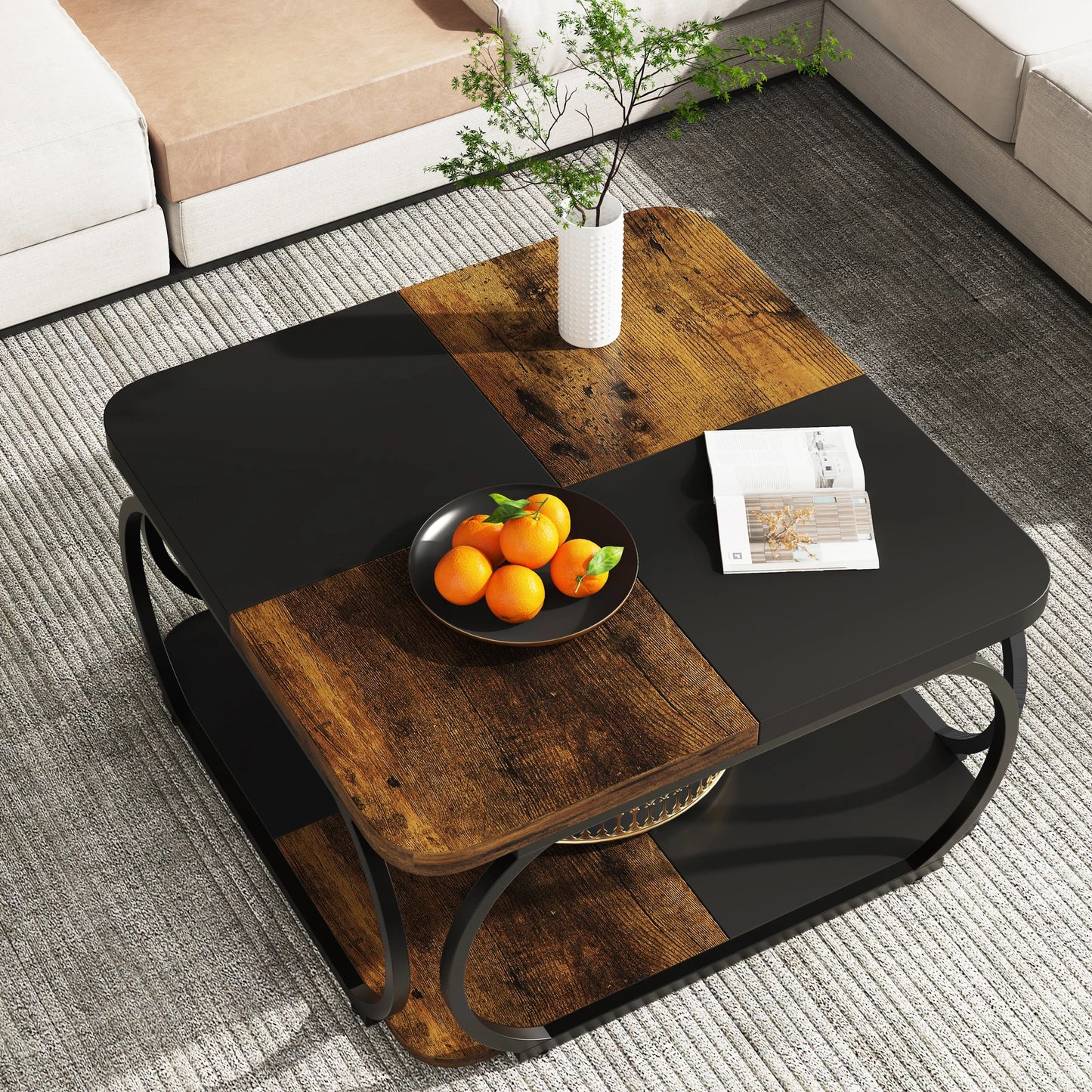Farmhouse Coffee Table with Wood Storage Shelf