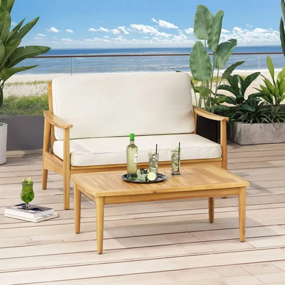 Outdoor Acacia Wood Loveseat with Coffee Table
