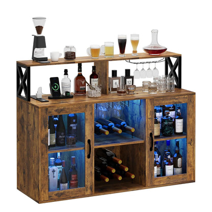 Farmhouse Wine Bar Cabinet with LED Light &Power Outlets