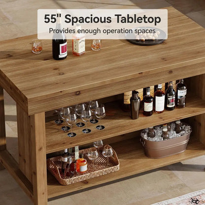 3 Tier, Farmhouse Bar Counter with Open Storage Shelves