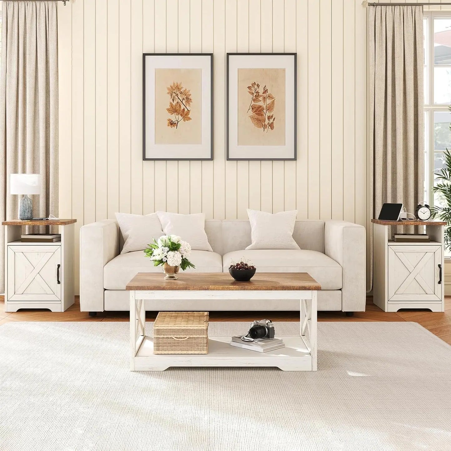 3-Piece Farmhouse Coffee & End Table Set with USB Ports