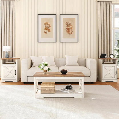 3-Piece Farmhouse Coffee & End Table Set with USB Ports