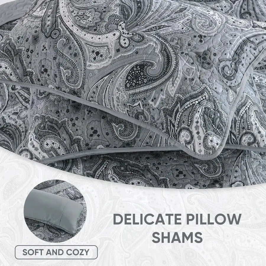Dark Grey Paisley Quilt Bedding Set for King Size Bed