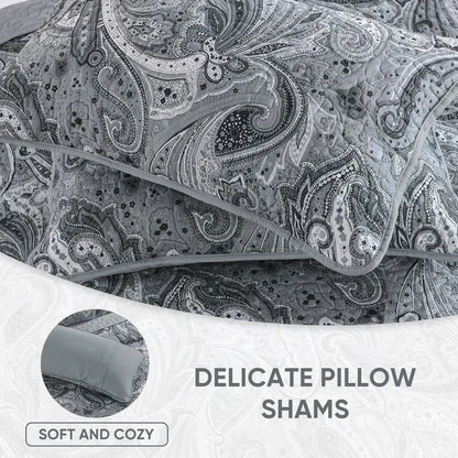 Dark Grey Paisley Quilt Bedding Set for King Size Bed