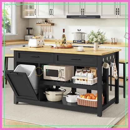 Kitchen Island Includes 2 Bar Stools, Trash Storage & Power Outlet