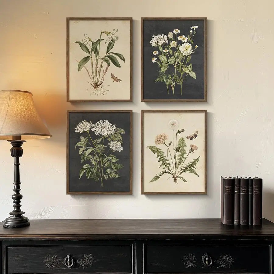 4 Piece, Framed Rustic Farmhouse Floral Canvas