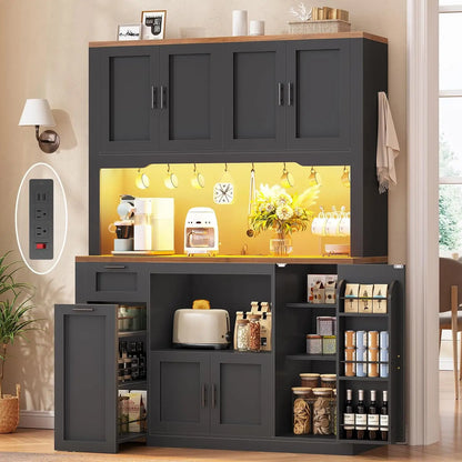Kitchen Pantry Cabinet with Charging Station & LED Light