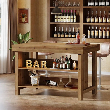 3 Tier, Farmhouse Bar Counter with Open Storage Shelves