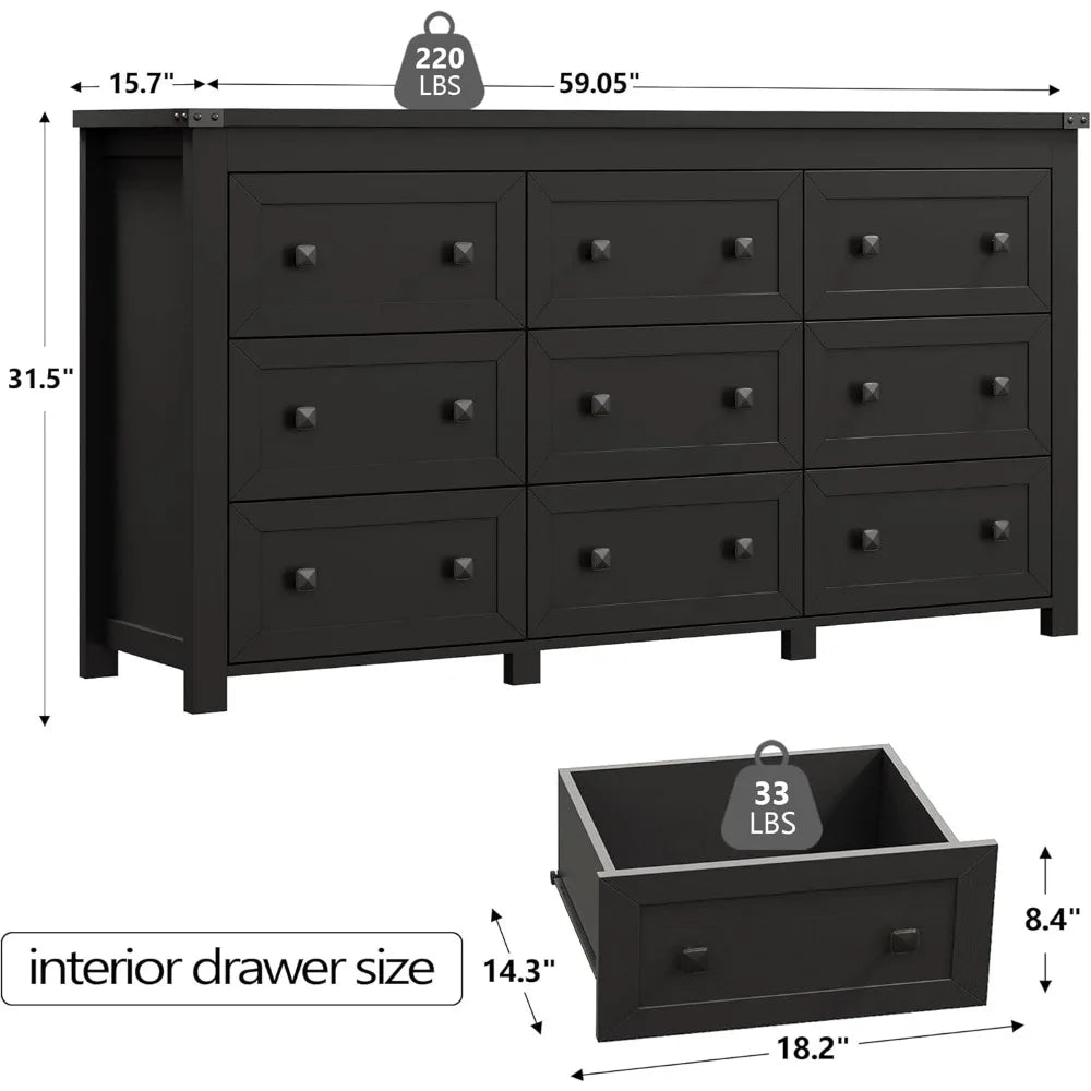 Wooden Dresser for Bedroom with 9 Drawers & Metal Handles
