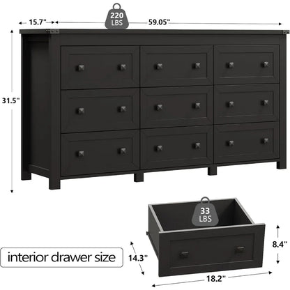 Wooden Dresser for Bedroom with 9 Drawers & Metal Handles
