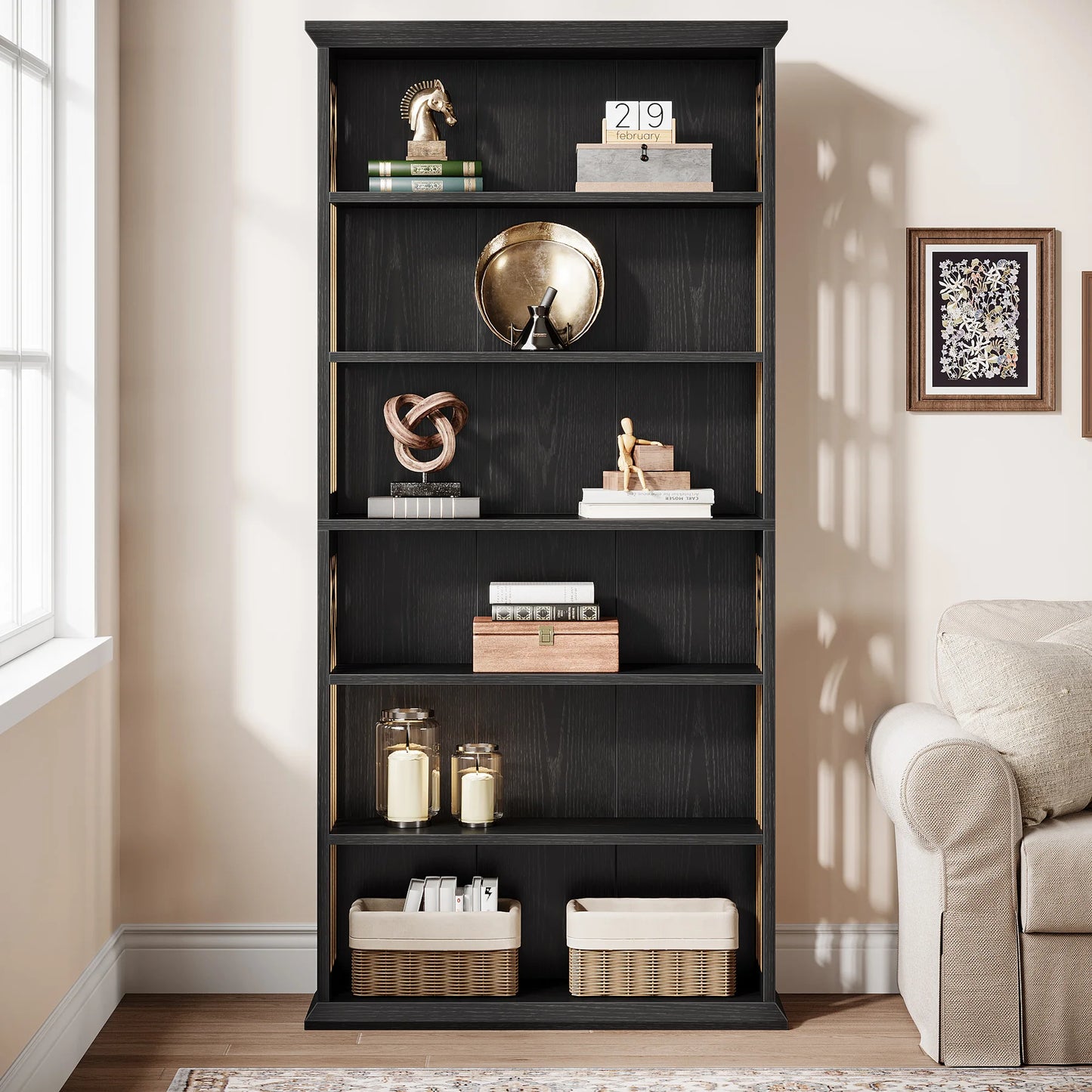75" Tall Wooden Bookshelf with Display Shelves