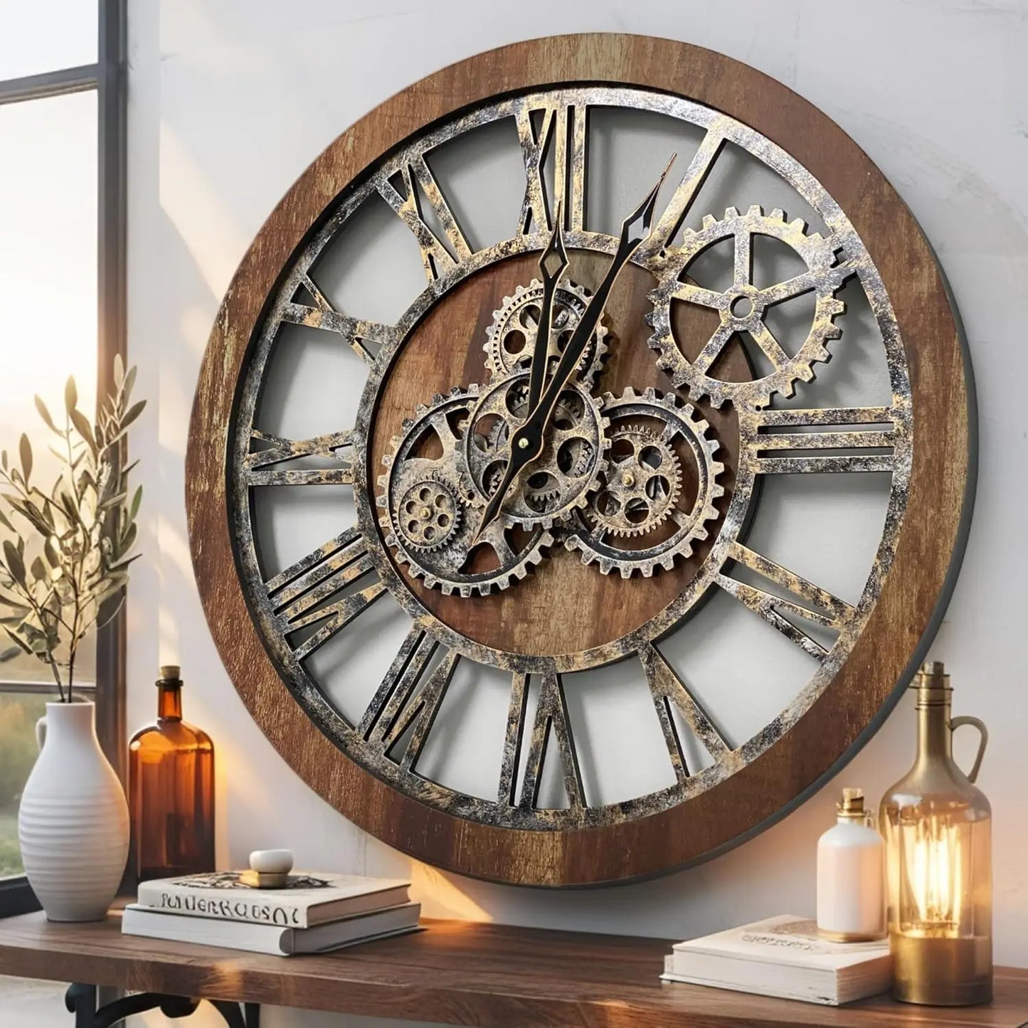 Industrial Farmhouse Wall Clock with Real Moving Gears