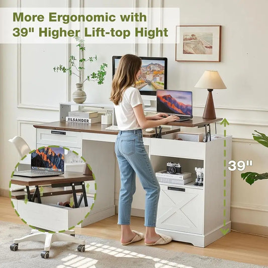 Farmhouse Home Office Desk with File Drawer & Lift Top