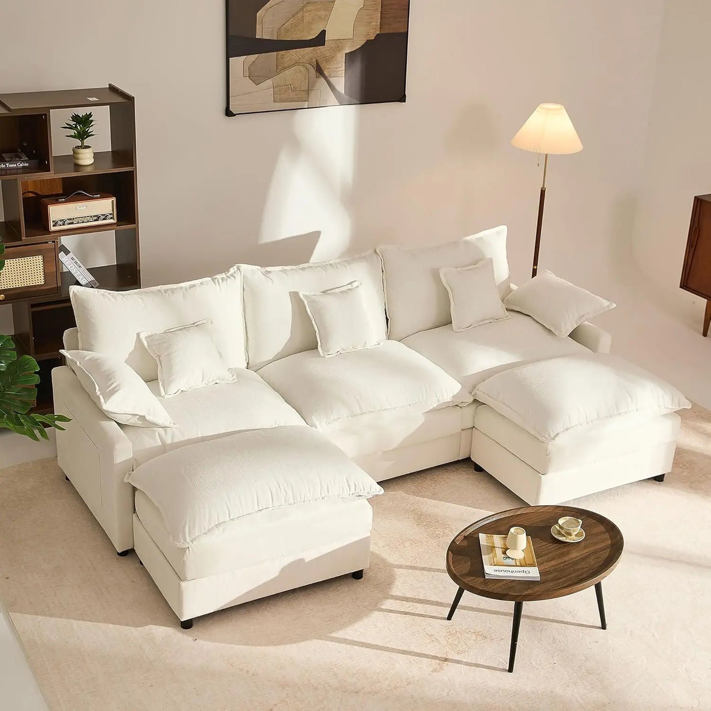 Sectional Linen Sofa with Movable Ottomans