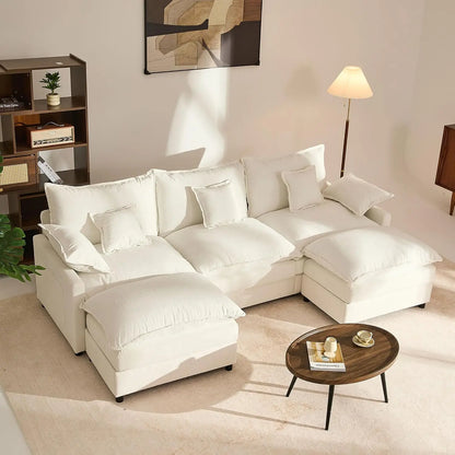 Sectional Linen Sofa with Movable Ottomans