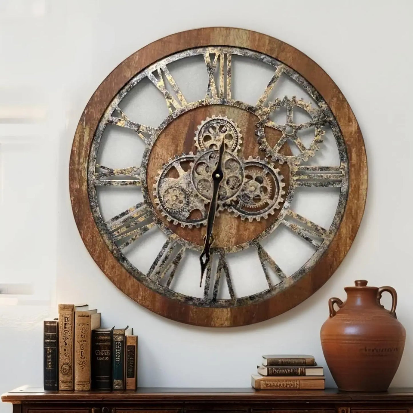 Industrial Farmhouse Wall Clock with Real Moving Gears