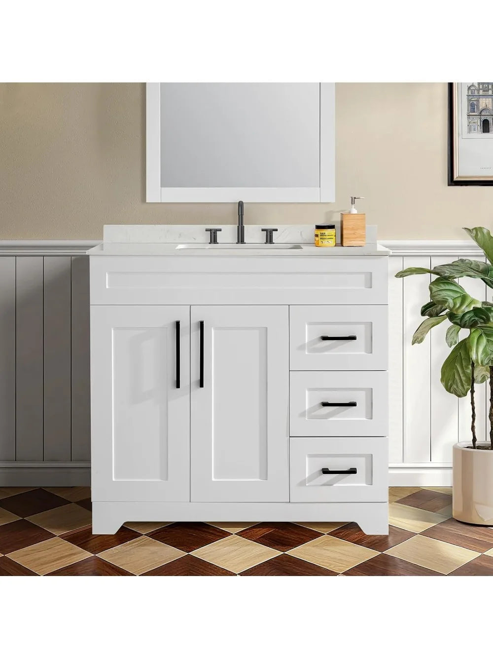 Bathroom Vanity with White Stone Countertop & Sink