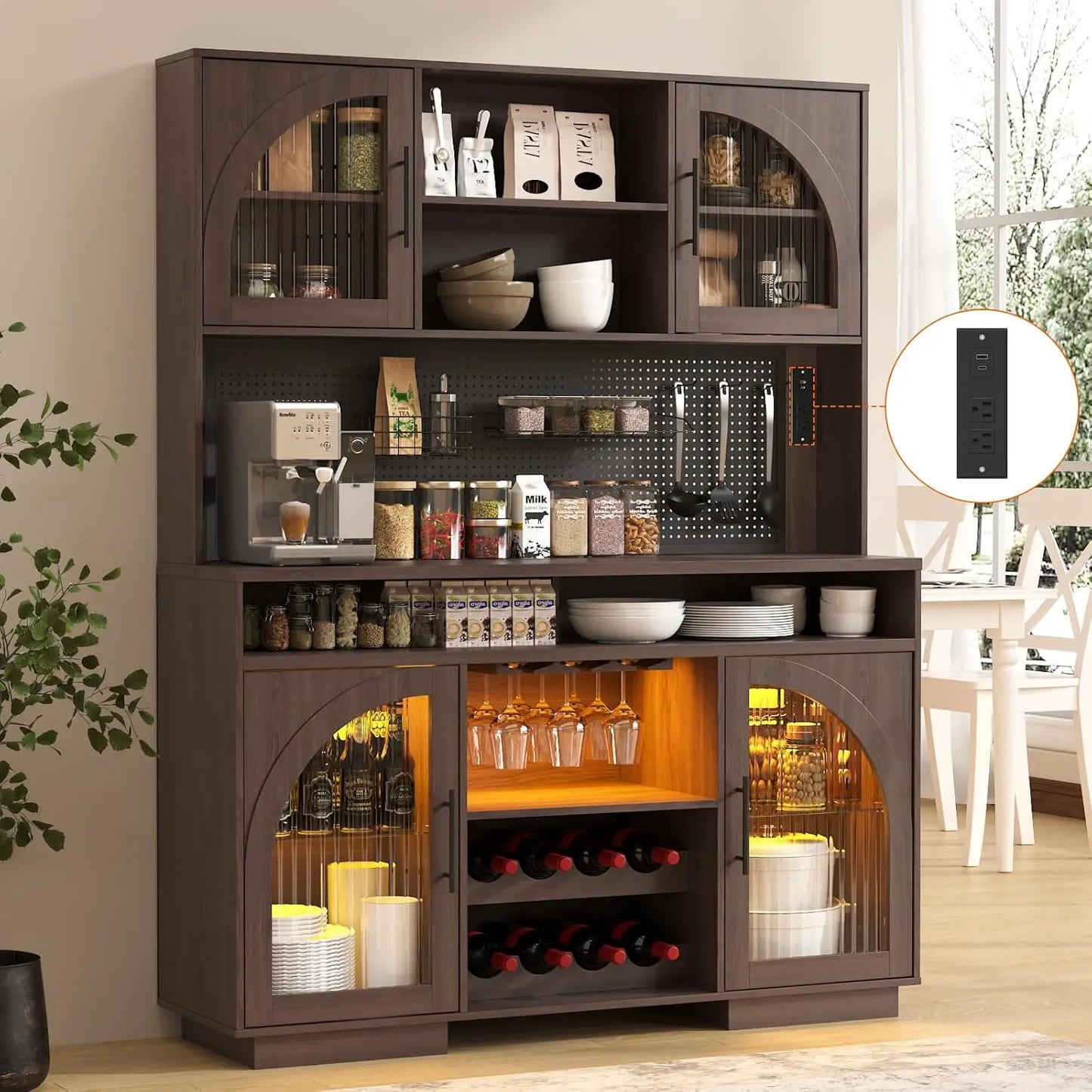 71" Tall, Kitchen Hutch Cabinet with Charging Station & LED