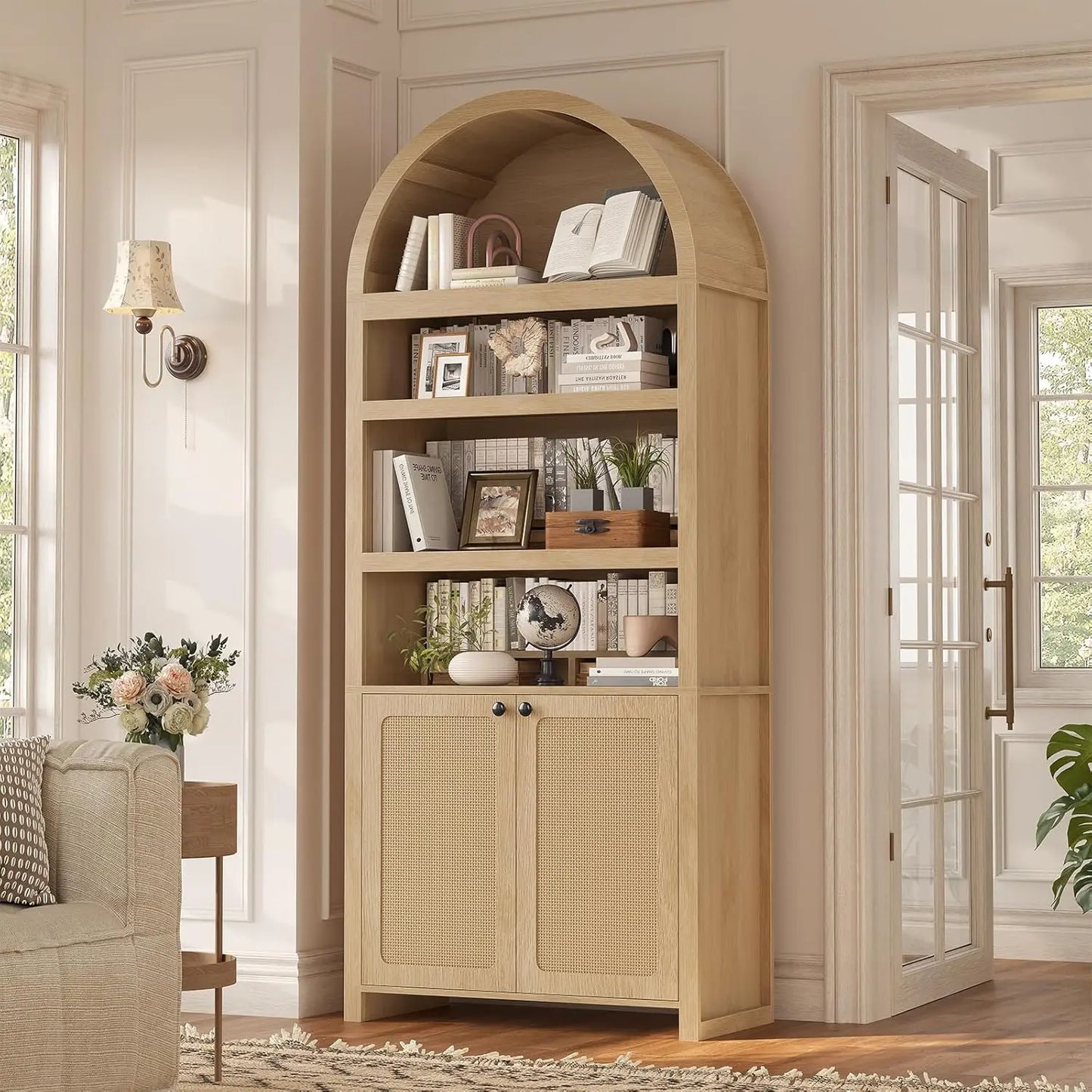 81" Tall Arched Bookshelf with Display Shelves & Cabinet Doors