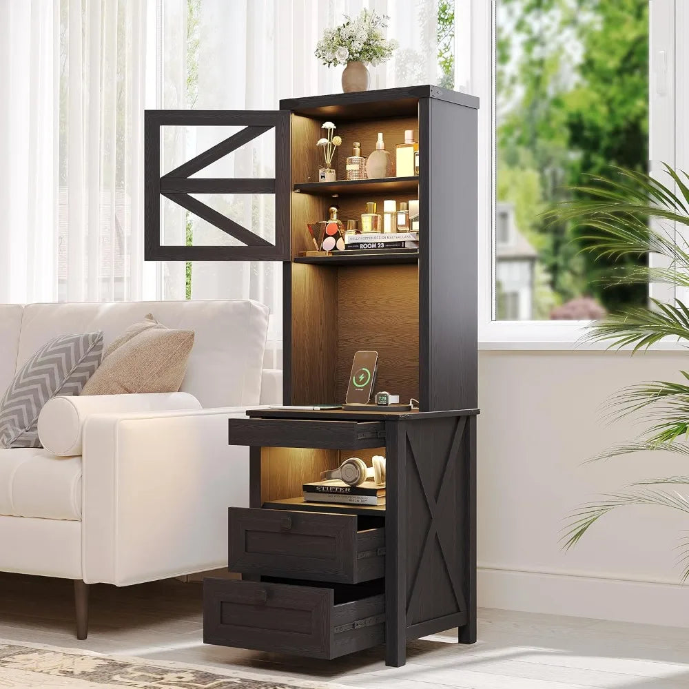 Farmhouse Night Stand with Charging Station & LED Lights