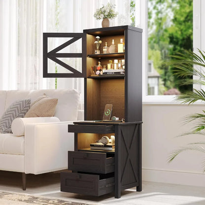 Farmhouse Night Stand with Charging Station & LED Lights