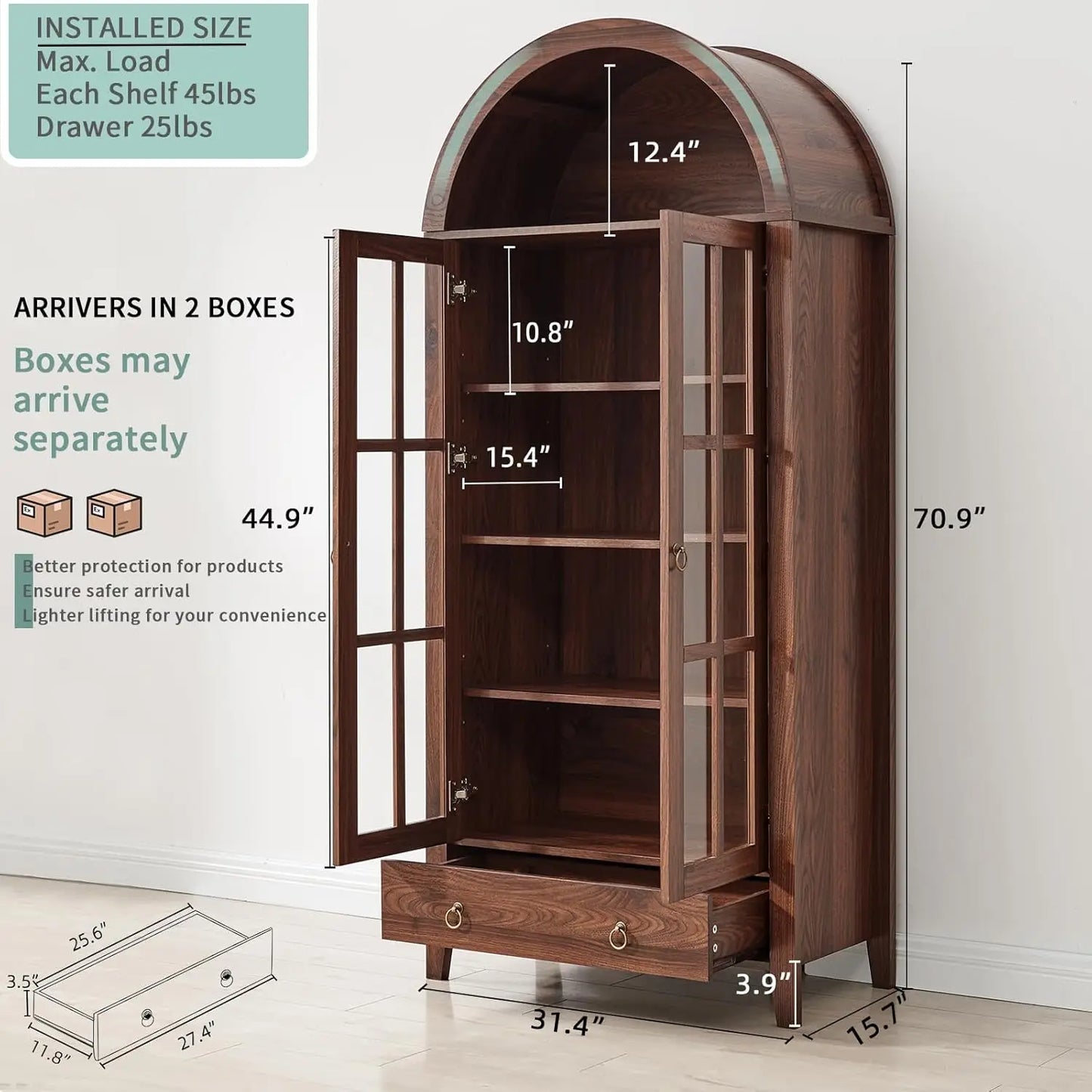 71” Tall, Arched Farmhouse Cabinet with Glass Doors
