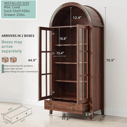 71” Tall, Arched Farmhouse Cabinet with Glass Doors