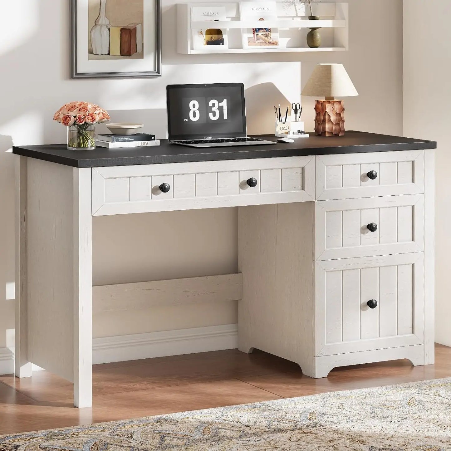 Farmhouse Home Office Desk with File Cabinet & 4 Drawers