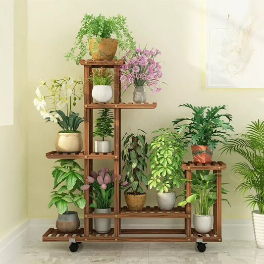 Wooden Plant Stand for Indoor, Outdoor with Wheels