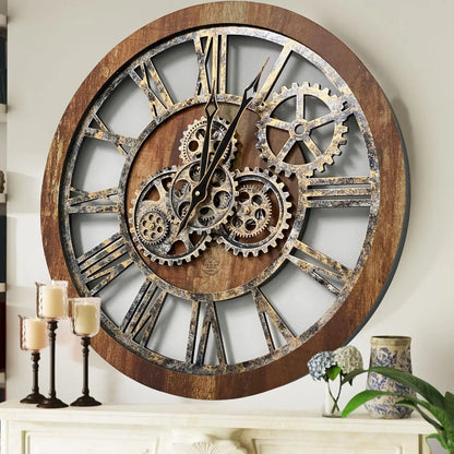 Industrial Farmhouse Wall Clock with Real Moving Gears