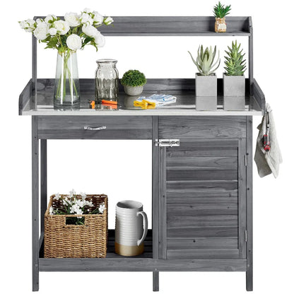Outdoor Garden Potting Bench with Metal Tabletop