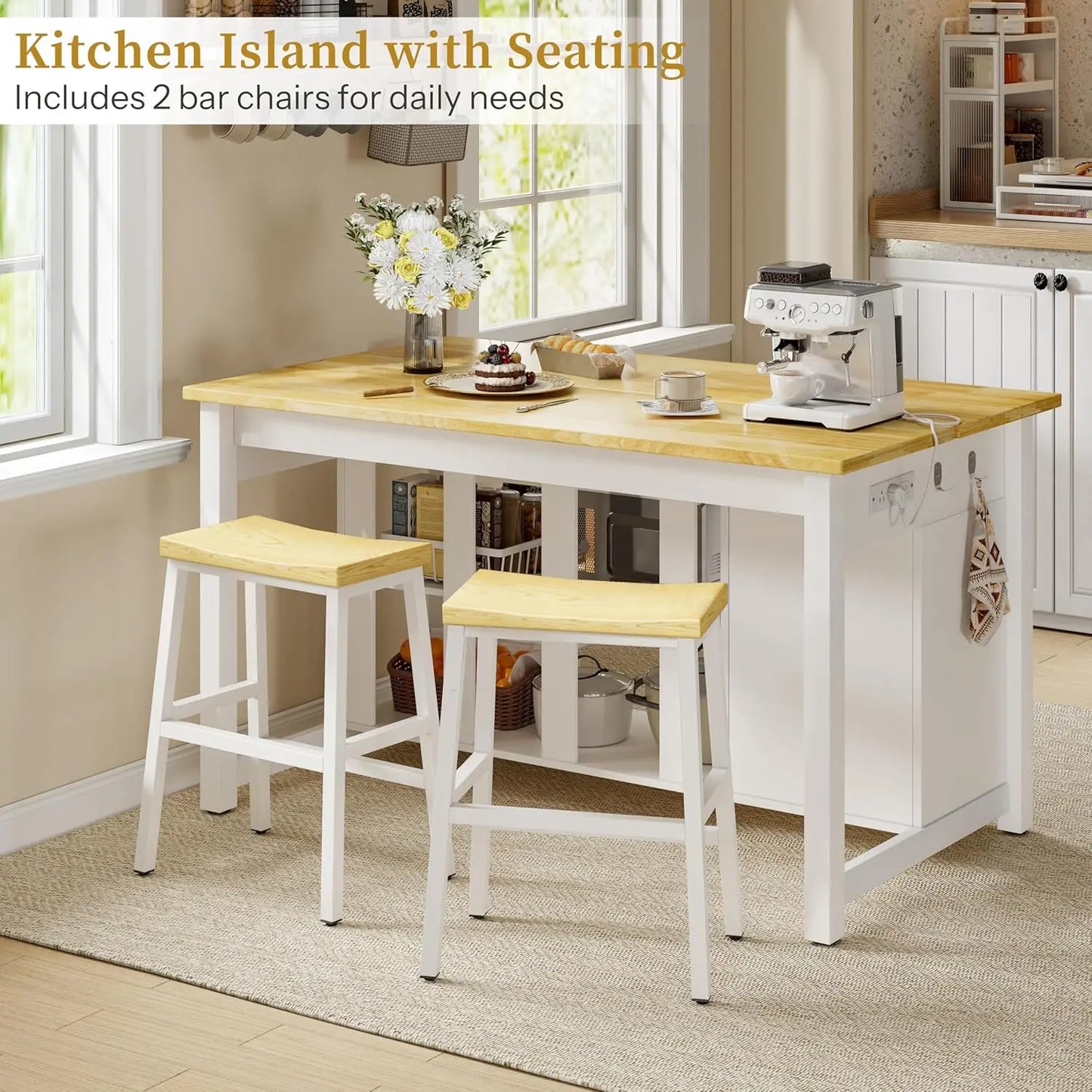 Farmhouse Kitchen Island with Dining Area, 2 Bar Stools & Trash Cabinet