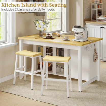 Farmhouse Kitchen Island with Dining Area, 2 Bar Stools & Trash Cabinet