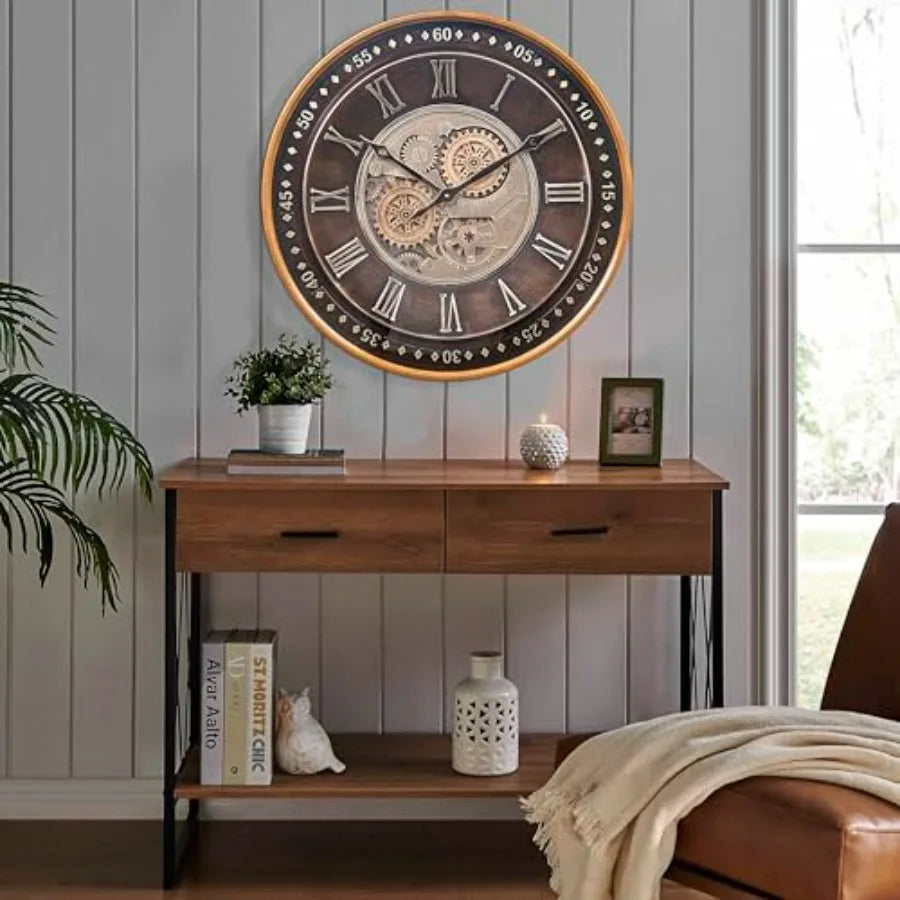 24" Industrial Steampunk Style Wall Clock with Moving Gears