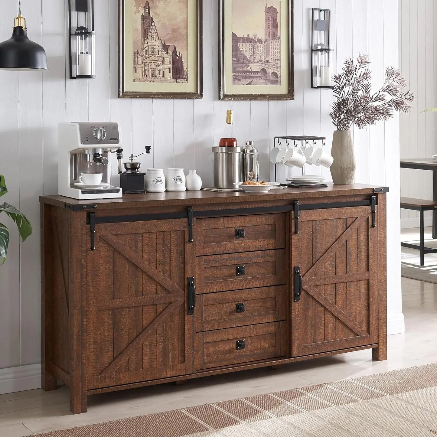 Rustic Farmhouse Coffee Bar Cabinet with Sliding Barn Doors