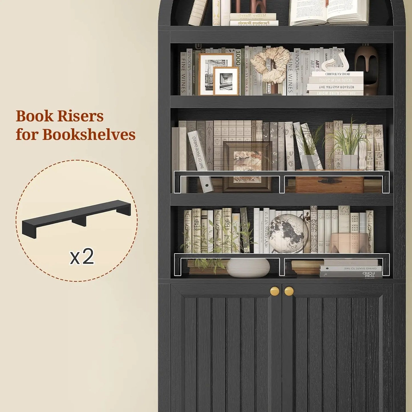 81" Tall Arched Bookshelf with Display Shelves & Cabinet Doors