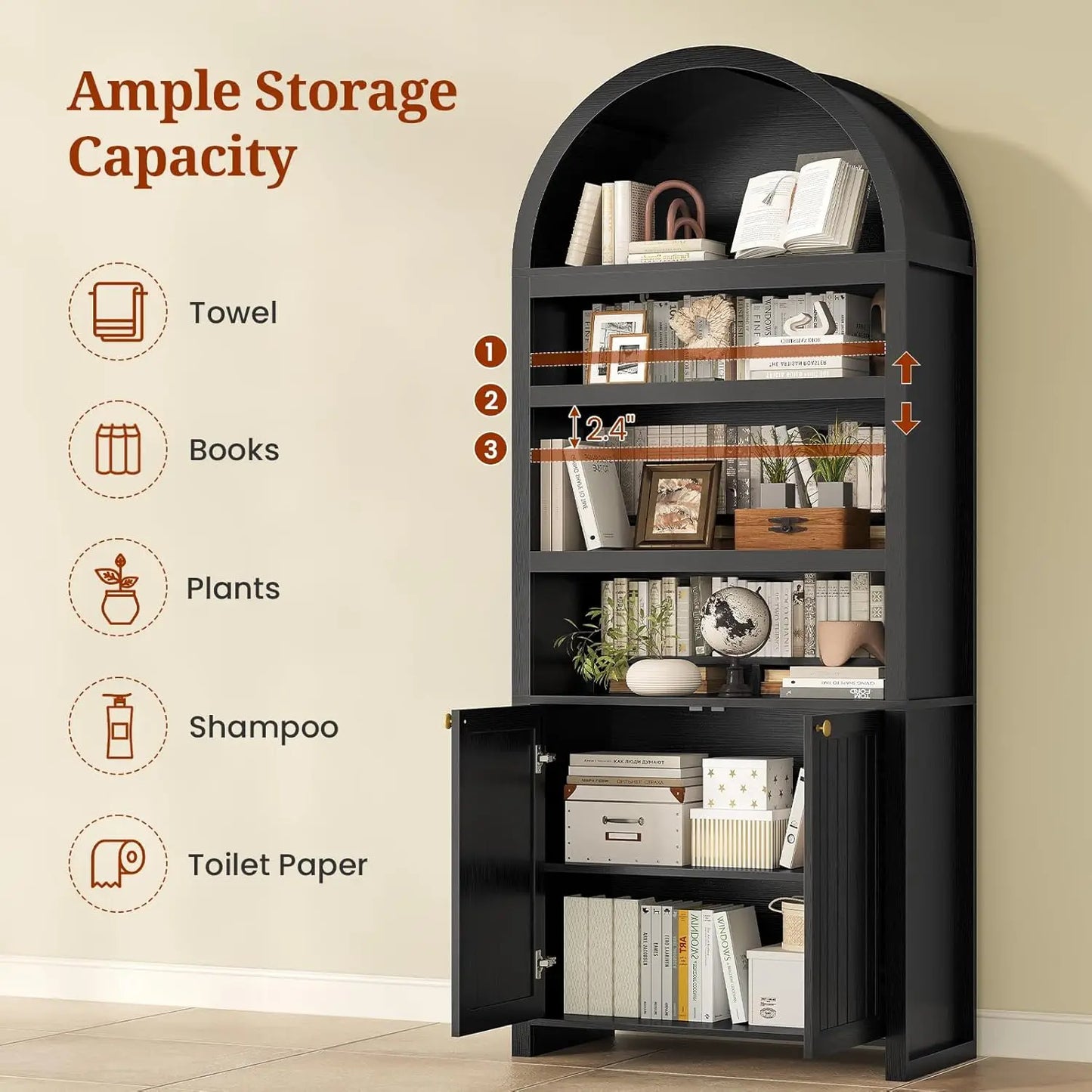 81" Tall Arched Bookshelf with Display Shelves & Cabinet Doors