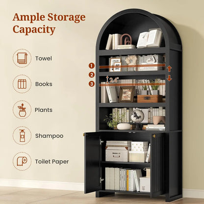 81" Tall Arched Bookshelf with Display Shelves & Cabinet Doors