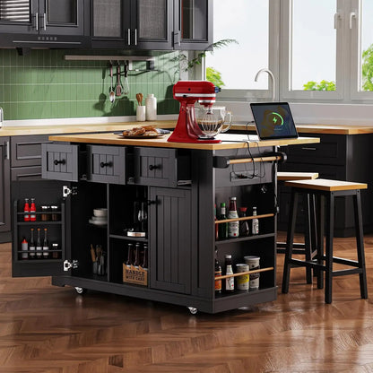 Mobile Farmhouse Kitchen Island with Dining Counter & Power Outlet