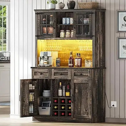 72" Tall Farmhouse Pantry Cabinet with Power Outlet & Lights