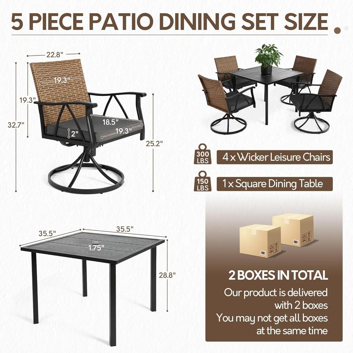 5-Piece, Outdoor Patio Dining Set with Cushions